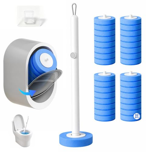 Scopino WC usa e getta con 32 Testine, Supporto Mural, Manico Lungo, Apertura Auto, Rotazione 360° per Cesso, Vasca, Lavabo, Cucina, Scopino Bagno WC Senza Contatto