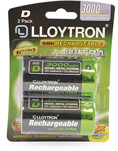 LLOYTRON NiMH Rechargeable AccuUltra Batteries / D Size / 3000mAh / 2 Pack - B017