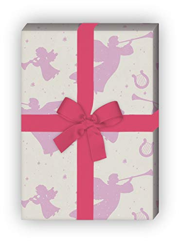 Grunge Retro Weihnachtspapier mit Engeln und Harfen, rosa, für schöne Geschenk Verpackung zum Einpacken 32 x 48cm, 4 Bögen für Geburtstage, Hochzeit, Weihnachtsgeschenke, Dekorpapier