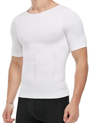 Men's Compression Shirt Undershirt Slimming Tank Top Workout Vest Abs Abdomen Slim Body Shaper, White, Large