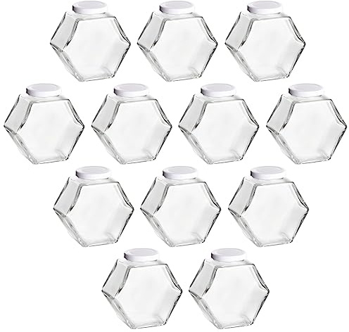 gouveo Lot de 12 bocaux de conservation 380 ml en nid d'abeille avec couvercle à vis blanc - Jolis bocaux de conservation avec bouchon à vis - Pots à vis vides pour miel, confiture (EGW380W)