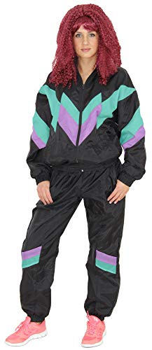 Foxxeo 80er Jahre Kostüm für Damen Premium 80s Trainingsanzug Assianzug Assi – Damen Größe S-XL - Fasching Karneval Anzug, Farbe schwarz-grün-lila, Größe: M