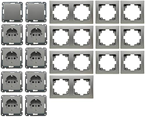 ChiliTec Steckdose Delphi mit Schalter Grau Silber Komplettset 20 Teile Unterputz Steckdosen Lichtschalter mit Rahmen Set Wand Einbau