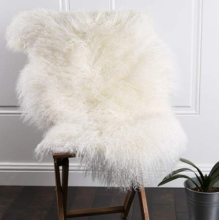 Genuine Mongolian Tibetan Lamb Fur Wool Throw Area Rug Real Fluffy Shaggy Sheepskin Curled Fur Rug Carpet Sofa Mat Chair Cover for Living Room Kids Bedroom Luxury Home Decor 2ft x 3.4Ft White/Ivory