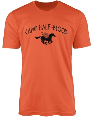 T-shirt Camp Half Blood - Percy Jackson - Cinéma - Cinéma - Myth Gods - Col double aiguille - 100 % coton peigné - Haute densité de points - Confort extrême - Orange - XXL
