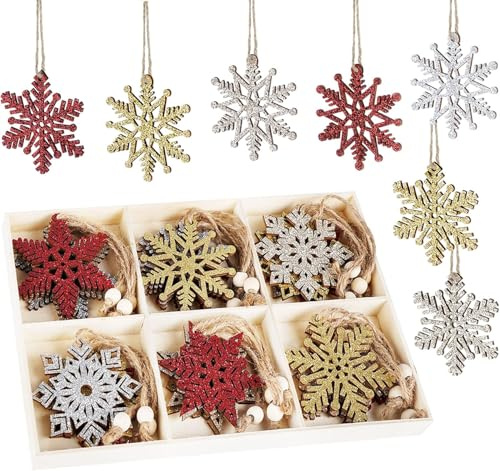 ilauke 24 Stück Weihnachten Holz Schneeflocken mit Aufbewahrungsbox Ornamente, 7cm Weihnachtsanhänger Holz Schneeflocken Christbaumschmuck, Ausgehöhlte Bunte Weihnachtsbaum Hängende Ornamente.