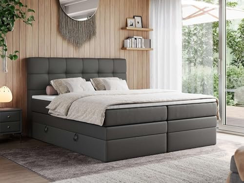 MKS MEBLE Boxspringbett 180x200 mit Bettkasten und Kopfteil, Bett mit Matratze H3 und Topper T25 - Boxbett - Dunkelgrau Kunstleder - ERNI King