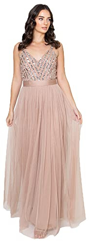 Maya Deluxe Maxi Abendkleid Damen Elegant für Hochzeit mit V-Ausschnitt Tüllkleid Damen mit Schleife Brautjungfernkleid