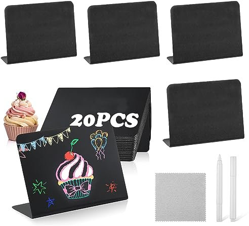 Mini Kreidetafel Set, 20 Stück Buffet Schilder, Kreidetafel Klein, Tafel zum Beschriften, mit 2 Mikrofaser Tuch für Gastronomie Buffet Café Hochzeit Party 10 x 7,5 cm Schwarz