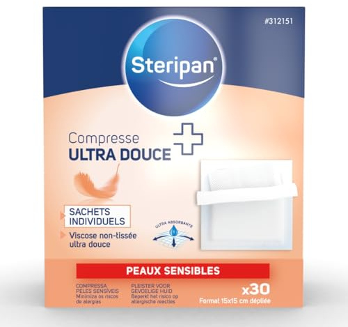 Steripan - Compresse Ultra Douce - Peaux Sensibles - Non Tissée - Sachets Individuels - Ultra Absorbante - 15x15cm x30