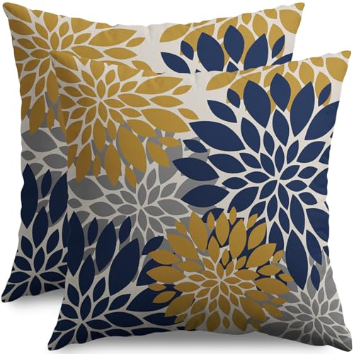 Smozenith Juego de 2 fundas de almohada de color azul marino y amarillo de 16 x 16 pulgadas, fundas de almohada decorativas con estampado floral de dalia moderna para exteriores, funda de cojín para
