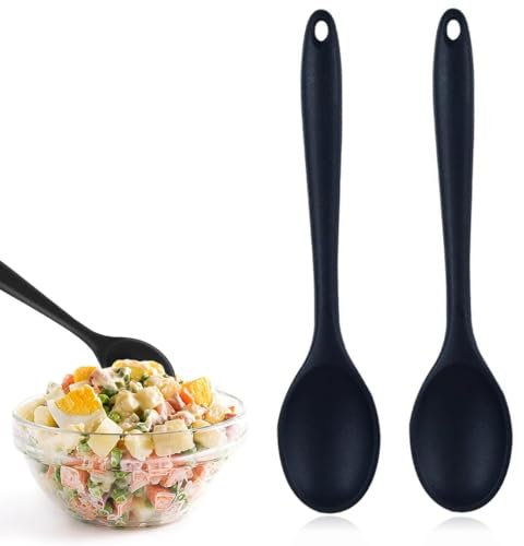 JTUYPT 2 Pcs Kochlöffel Silikon,Antihaft Kochlöffel,Servierlöffel Kunststoff, Hygienisches Design,Kochlöffel Kunststoff,Kochutensilien, RüHrlöFfel für KüChe, Kochen, Backen, RüHren (Schwarz)