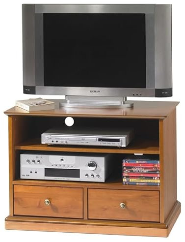 Meuble TV 32 Pouces Merisier 2 Tiroirs 2 Niches roulettes L 82.4 H 58.7 P 46.5 cm