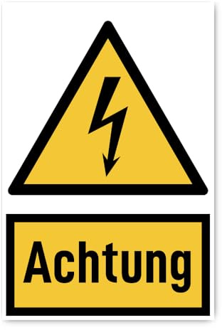 Aufkleber: 300x200 mm, 1 Stück - Signalwort Achtung vor elektrischer Spannung - Warnzeichen mit Text (deutsch) (gelb/schwarz) - hochkant - W012 - DIN EN ISO 7010 / ASR A1.3