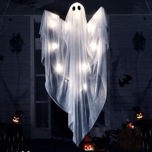 JOYIN 119 cm Halloween-Hängegeist-Außendekoration, hängende Geisterdekorationen mit gruseligem weißem LED-Licht, Halloween-Geist für Spukhaus-Requisite, Vorgarten-Rasen-Party-Dekoration für drinnen