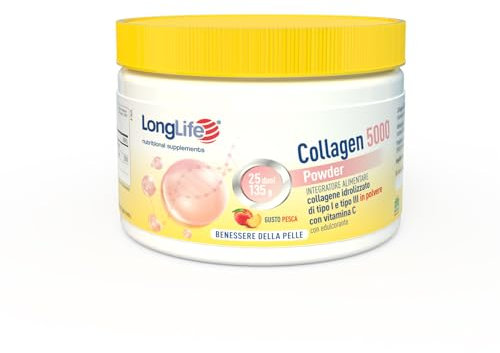 LongLife® Collagen 5000 Powder | 5000 mg di collagene idrolizzato di tipo I e III in polvere Verisol®| Con vitamina C | Benessere della pelle | 25 dosi | Gusto pesca e senza glutine