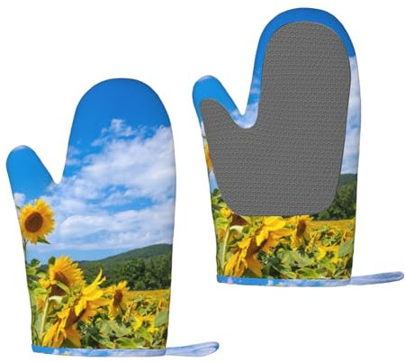 Sonnenblumenmeer und Blauer Himmel mit weißen Wolken, Silikon-Ofenhandschuhe, rutschfeste Kochhandschuhe, hitzebeständige Backhandschuhe, EIN Paar
