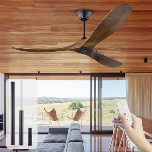 OUENGK 132cm Holz-Deckenventilator ohne Beleuchtung mit Fernbedienung, Outdoor-Deckenventilatoren, 3-Blatt 6-Gang DC-Deckenventilator
