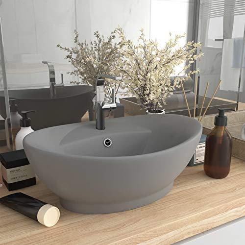 LAPOOH Lavabo de luxe ovale avec trop-plein en céramique gris clair mat, évier de salle de bain, lavabo de salle de bain, lavabo Casa De Banho, meuble lavabo sur plan de travail