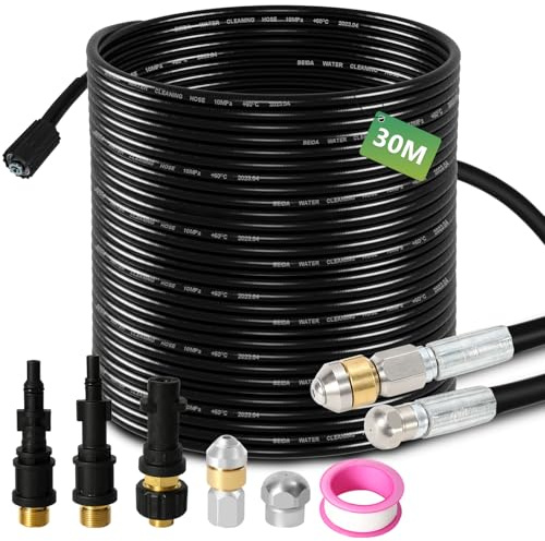 Eulenke Rohrreinigungsschlauch 30M, mit Düsen starr + rotierend, 3 Adapter, mit Kärcher K2 - K7 für handelsübliche Hochdruckreiniger, universelles Rohrreinigungs Set