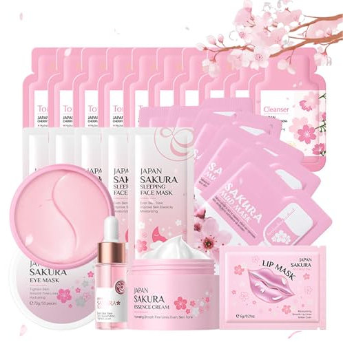 Set per la cura della pelle per ragazze adolescenti, Giappone Sakura Skincare, set per la cura del viso anti-età, cura della bellezza quotidiana con detergente, toner, siero, crema, maschera per gli