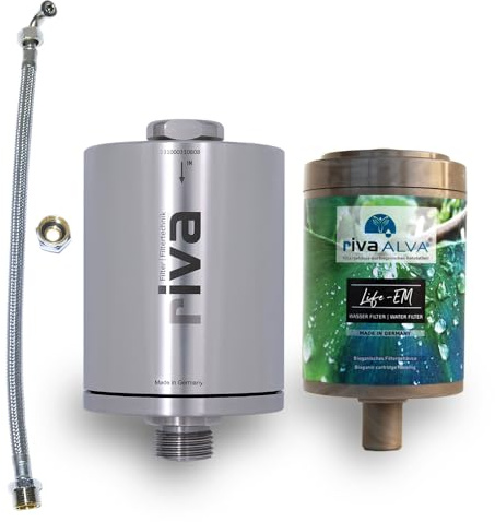 rivaALVA Life EM - Filtro per acqua potabile | Filtro a carbone attivo a blocchi in ceramica EM, alloggiamento in acciaio inox, set di collegamento per tubo