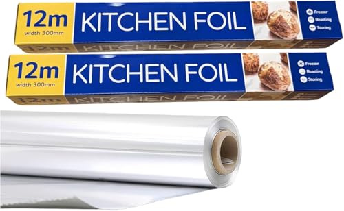 NCS35® Lot de 2 rouleaux de papier d'aluminium de cuisine (300 mm x 12 m, lot de 2) | Film de cuisine de qualité supérieure pour emballage, grillades, barbecue et cuisine | Feuille argentée durable
