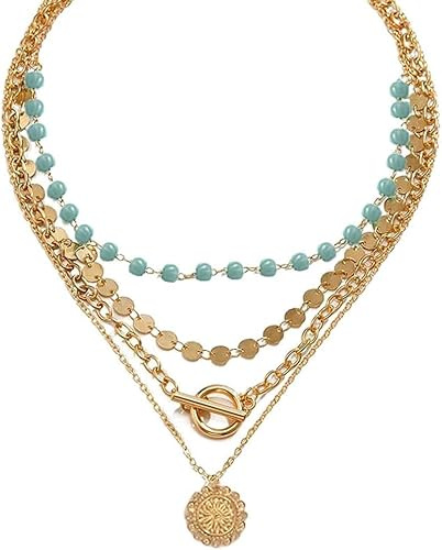 FDEETY 4lagige Mehrreihige Halskette Türkis Perlen Münzen Anhänger Vintage Boho Schmuck Damen Kette Mehrschichtig Goldfarben
