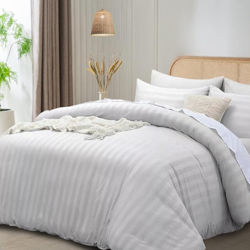 funky gadgets Double Duvet Cover Set White, Microfiber Satin Stripe Duvet Cover Luxury Hotel Bedding Sets with Pillowcases Breathable Ultra Soft Reversible Quilt Covers.