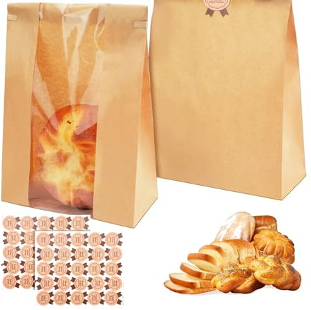 100 Pcs Large Kraft Paper Bread Bags, Paper Bakery Sourdough Bread Bag with Window and Tie for Baked Homemade Food Cookie Packaging Storage, Brown Packaging Bags with 100 Pcs Label Seal Stickers