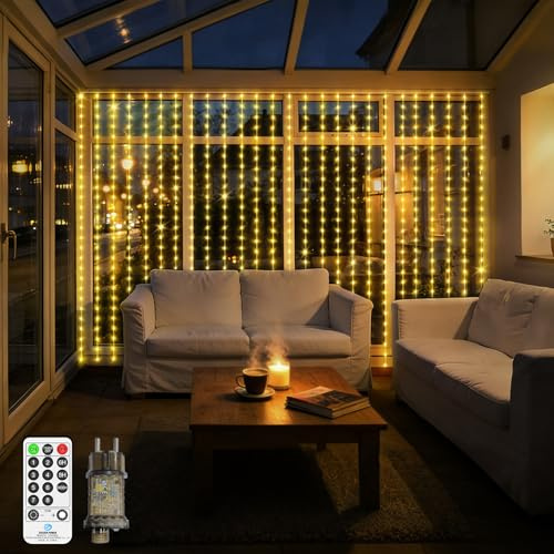 LYNNON Lichterketten Außen 3×3m, 300 LED Lichterketten Vorhang mit Fernbedienung, Timer und Dimmbar, Wasserdicht Lichtervorhang Aussen Deko für Weihnachten Wand Party Tür Fenster Wand Balkon(Warmweiß)