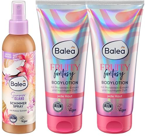 Balea 3er-Set Hautpflege: Bodyspray Schimmer Summer Island mit Kokos-Extrakt, sommerlicher Glow, exotischer Duft, 200 ml + Bodylotion Fruity Fantasy fruchtig mit Mondsteinextrakt, 2 x 200 ml (600 ml)