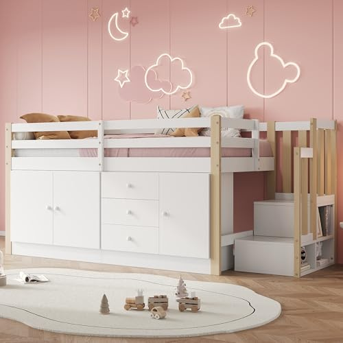 Merax - Cama alta para niños, 90 x 200 cm, con armario y escalera, litera, con gran espacio de almacenamiento, para niños y niñas, color blanco y madera (sin colchón)