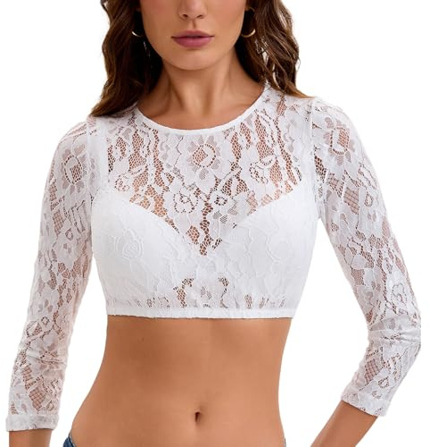 Adisno Blusa Tirolesa para Mujer,Blusa Tirolesa de Encaje,Blusas Dirndl con Encaje y Motivo de Flores,Blanco,36