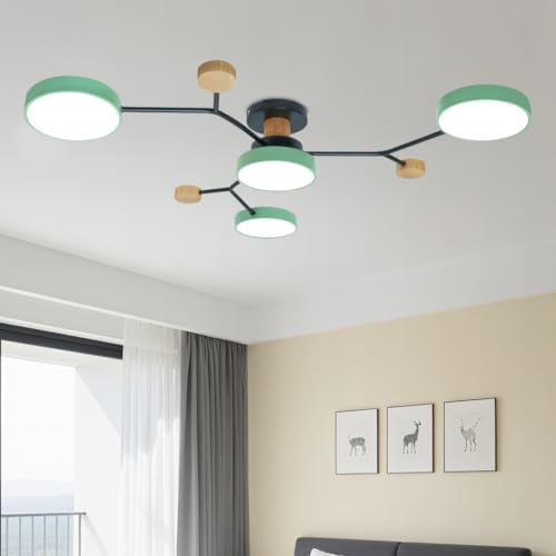 ELINKUME LED Deckenleuchte Schlafzimmer,4-Kopf Deckenlampe Wohnzimmer mit 3 Farbigen Temperaturen,48W Kreativ Lampe Decke Holz,Moderne Dekorative Deckenbeleuchtung(Grün) | 48W Kreativ Lampe Decke Holz,Eisen,Acryl-Schirm,Kreatives Verzweigtes,Moderne Dekorative Deckenbeleuchtung,Wandschalter,Grün