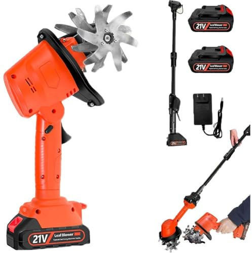TUPOSTAR Motobineuse éLectrique sans Fil 21 V, Motobineuse éLectrique, Motobineuse, Largeur De Travail 10 Cm, Profondeur De Travail 10 Cm, pour Ferme, Jardin, Pelouse,2 Battery+1 Extension Pole