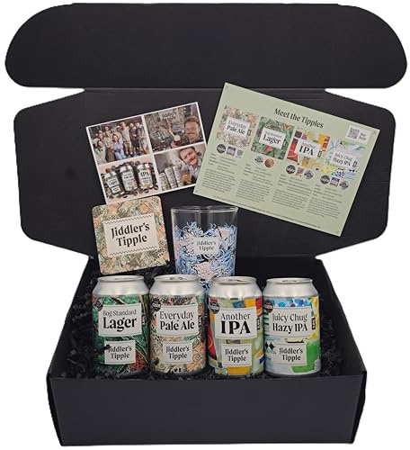 Jiddler's Tipple Craft Beer & Snacks Gift Hamper for Men - The Ultimate Birthday Present - The Best Dad Gifts & Gift Basket for Husband - 6 Pack Gift Hamper Basket | Award winning craft beers with pint glass, beer mat, tasting guide and premium gift box for beer lovers.