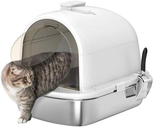 PawHut Arenero para Gatos de Acero Inoxidable con Cubierto Caja de Arena para Gatos Arenero con Bolsa Desodorizante Pala Fácil de Limpiar 52,4x41,3x39,9 cm Blanco