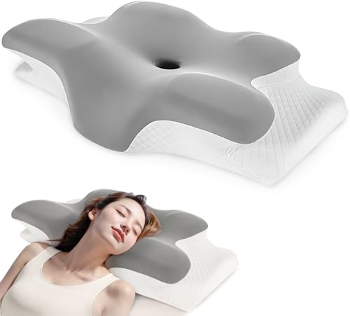 Kingbar Cuscino Cervicale Ergonomico in Memory Foam, Cuscino Ortopedico 2 in 1, Cuscino Antidolore per Chi Dorme su Un Fianco, sulla Schiena e a Pancia in Giù, Light Gray