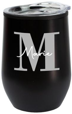 Herz & Heim® Personalisierbarer Thermobecher mit Wunschmotiv & Name – Edelstahlbecher 350 ml – Schwarz oder Weiß – Isolierbecher für Kaffee, Tee & mehr – Geschenkidee für Frauen (Schwarz, Monogramm)