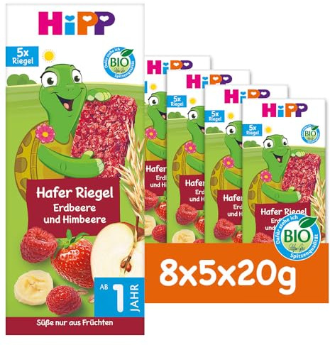 HiPP Schildkröte Hafer Riegel Erdbeere und Himbeere, 40 Stück (8er Pack mit je 5 x 20g), ab 1 Jahr, Süße nur aus Früchten, in bester Bio-Qualität
