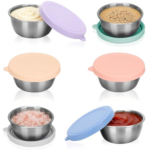 Romon Mini Scatola Per Salse, 6 pezzi 50ml Contenitori Ermetici per Alimenti, in Acciaio Inossidabile Barattoli per Congelare Pesto, Coperchi in Silicone, per Pranzo, Snack e Salse, Riutilizzabili