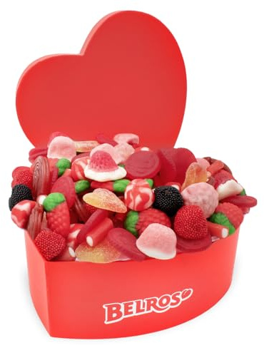 BELROS Pack 1,5kg de Gominolas y Chuches. Caja Forma de Corazón. Idea para Regalo Romántico, Dia del Padre, Ideal para Parejas, Dia de la Madre. Ocasión Especial. Surtido de Dulces