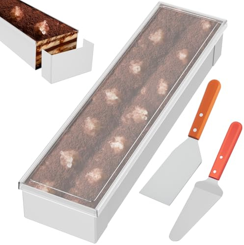 Tiramisu Moule à gâteau rectangulaire réglable en acier inoxydable avec paroi acoustique amovible, 2 grattoirs et couvercle anti-poussière pour préparation de gâteau, pain, tiramisu (argenté, sty1)