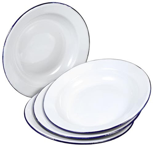 SMASOLO Lot de 4 Assiettes Plates en Émail Blanc 22 Cm Bord Plat – Plats de Service Peu Profonds pour Fruits, Salades et Soupes – Assiettes Robustes et Faciles à Nettoyer, pour Camping