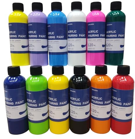 Qingsera Juego de pintura acrílica para vertido, 12 colores (120 ml), premezclada de alto flujo, lista para verter, colores vibrantes para lienzo multisuperficie, madera, rocas, yeso, pigmentos ricos