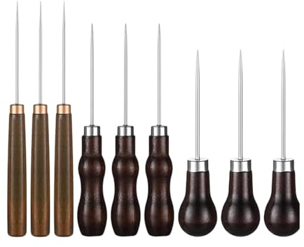 perfk Set di 9 punteruoli da sarto, punteruoli con manico in legno, multifunzionali, con impugnatura comoda, strumenti per cucire, per marcatura fai da te