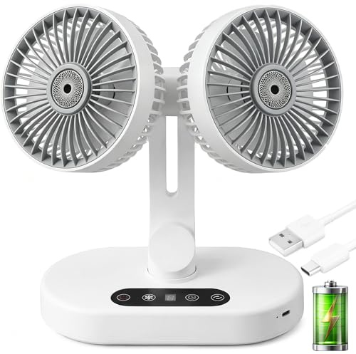 Fenxyo Dual Head Desk Fan Quiet, Rechargeable Portable Cooling Fan with Timer&6 Speeds, Dual Heads for Shared Comfort, Powerful Personal Desktop Fan Ideal Gift for Home Office Bedroom Travel Outdoor