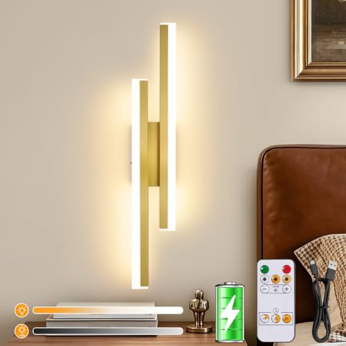 Dehobo Rechargeable Wall Light Indoor with 3CCT, Gold Battery Wall Light | 4400mAh Battery Operated Wall Light 50cm, Dimmable Wall Scone Modern, Acrylic Wireless Wall Lamp for Living Room, Bedroom