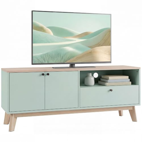 HOMCOM TV Stand Cabinet for Television up to 36 Inch, 2 Doors, Light Green | Open Shelf, Entertainment Center, Adjustable Shelf, Modern Style, Living Room